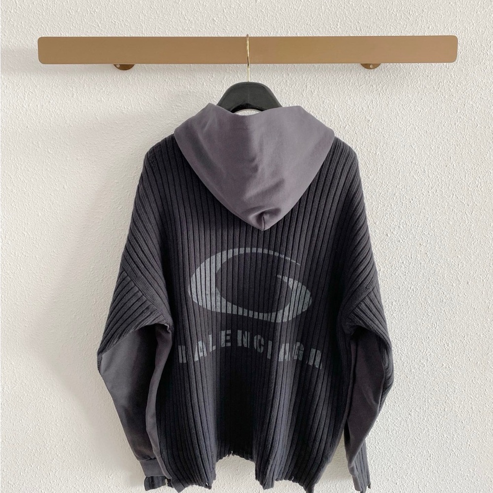 Balenciaga Black Ribbed Crewneck Sweater with Gray Logo Hood